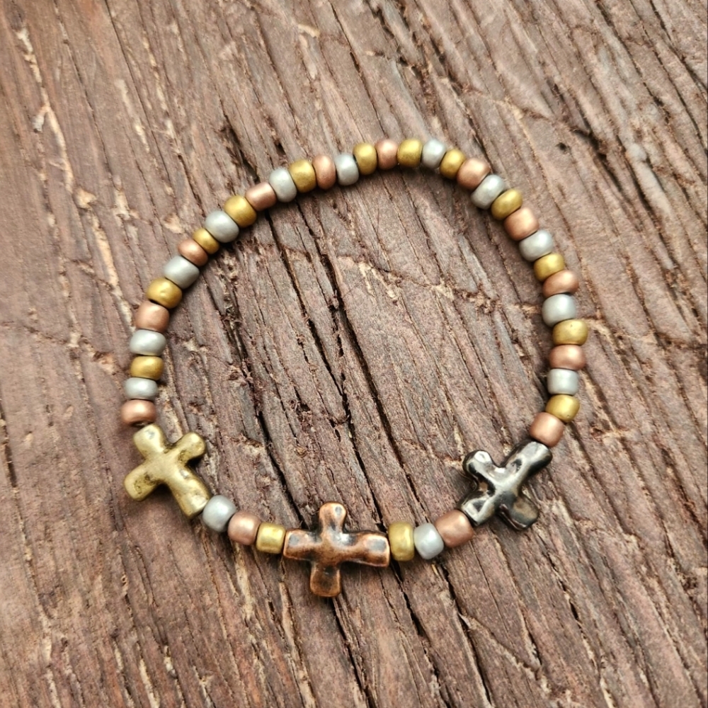 Gold, Silver, and Rosegold Beaded Cross Bracelet